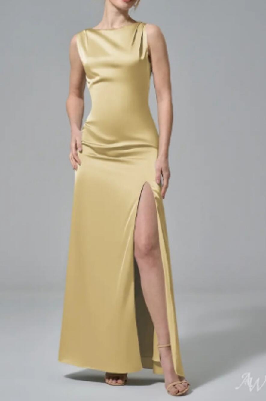 AW BRIDAL 0 XS sand gold Ermengarde satin formal gala maxi dress NEW B52